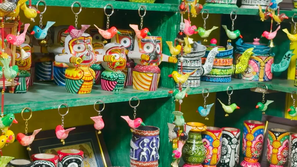 Traditional handmade crafts displayed at an artist's home in Raghurajpur