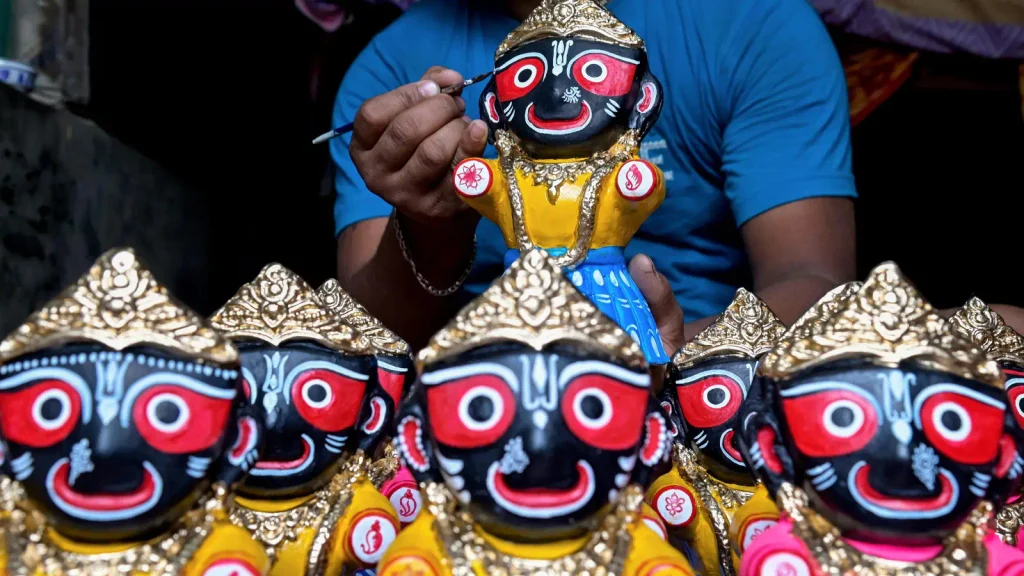 Traditional wooden carving inspired by the sacred craftsmanship involved in preparing Lord Jagannath's new form.